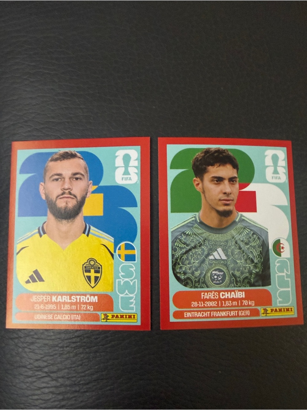 Panini Red-Bordered Football Stickers with Yellow and Green Jerseys